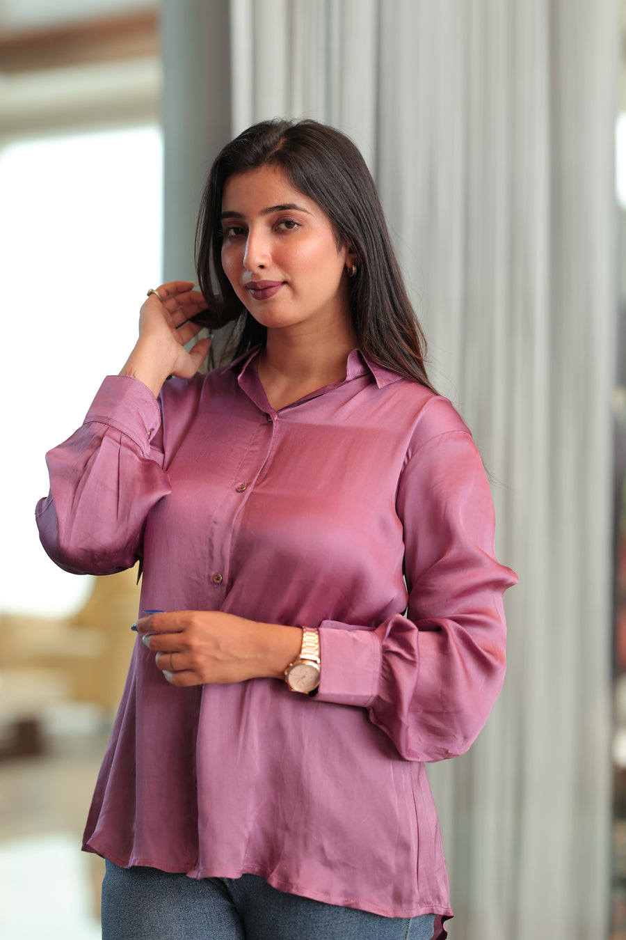 Indulge in comfort and style with our Modal Satin Loose-Fitting Shirt. Designed for ease of movement